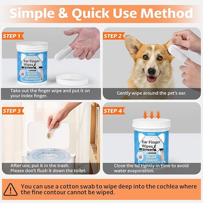 2 OBSEDE Ear Cleaner Finger Wipes, Grooming Kit Care for Dogs and Cats Regular Soothing Odor Control Reduce Dirt Wax Build Up Pet Supplies Easy to Use Fresh Coconut Scent, 60 Count