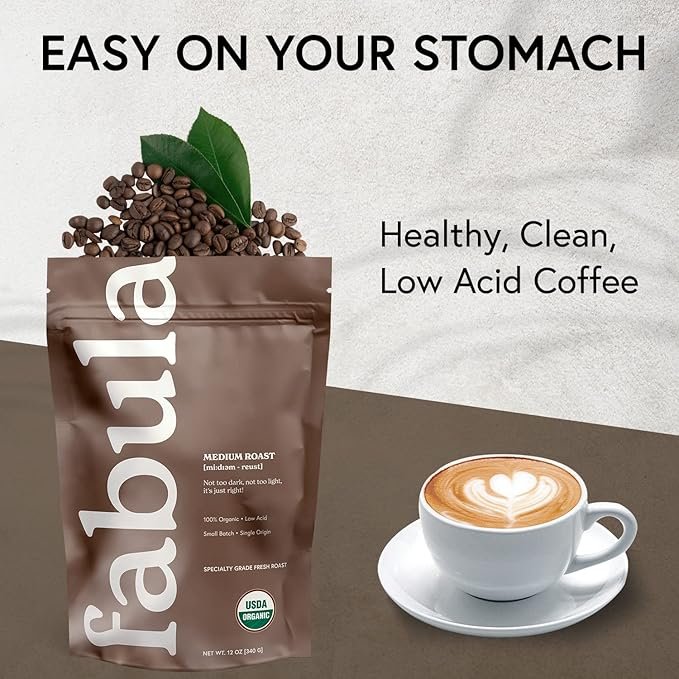 3 Fabula Low Acid Coffee Beans Whole, USDA Organic Coffee Beans Medium Roast - Non-GMO - No Molds - Mycotoxins Pesticides Free - Single Origin Coffee - 12 oz
