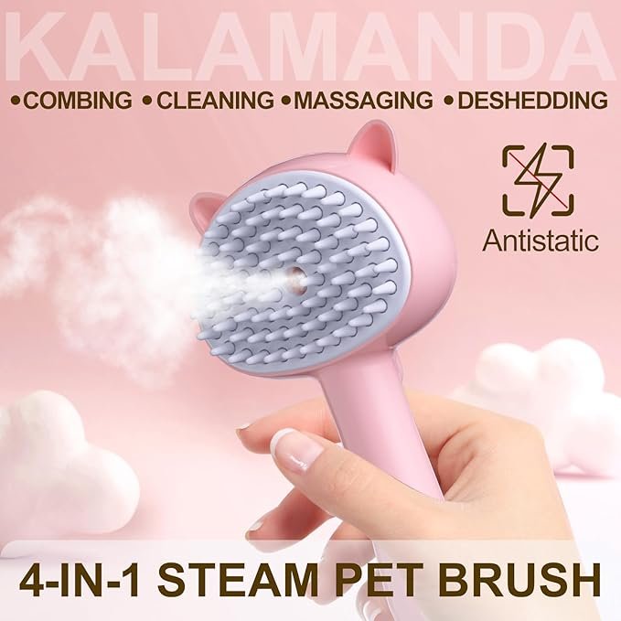 2 Cat Steam Brush for Shedding, 4 in 1 Steamy Cat Brush with Handle, Rubber Pet Misting Brush with Release Button, Mist Dog Comb with Cleanser for Indoor Kittens Small Animals(Pink)