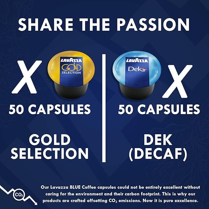 1 Lavazza Blue Capsules Coffee Pods, Premium Selection Pack - Gold Blend and Decaffeinated (Dek) for Lavazza LB Machines (all models), 50 Pods per Variety, Total of 100 Pods.