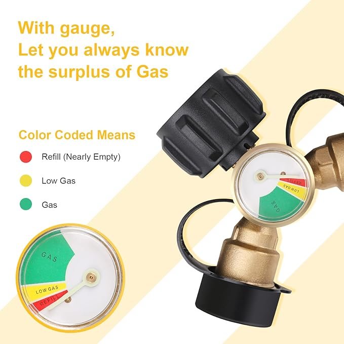 1 FEITON Propane Tank Splitter, 2-Way LP Gas Adapter with Gauge for Outdoor Cooking and Heating Equipment