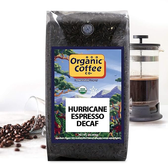 2 The Organic Coffee Co. Whole Bean Coffee - DECAF Hurricane Espresso Roast (2lb Bag), Medium Dark Roast, Swiss Water Processed, USDA Organic
