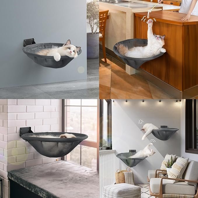 3 JUNSPOW Cat Hammock Wall Mounted, Foldable & Stable Cat Beds- Breathable Cat Wall Shelves for Sleeping, Playing, Climbing, and Lounging - Maximum Hold Up to 30lb (Gray)