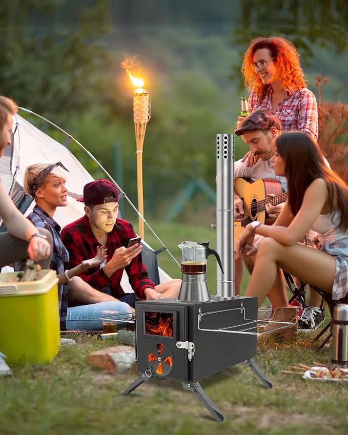 5 Rikuy Carbon Steel Portable Camping Stove with Chimney Pipes