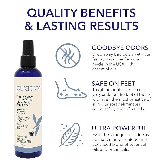 3 PURA D'OR Organic Shoe & Foot Odor Eliminator Spray (8oz) Deodorizes & Removes Bad Smells with Eucalyptus, Peppermint, Tea Tree, Lemongrass Essential Oil, Maximum Strength (Packaging may vary)
