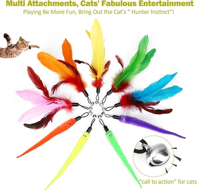 3 Interactive Cat Toys - Retractable Wand Toy and Feather Toys Refills for Indoor Cats to Chase and Exercise