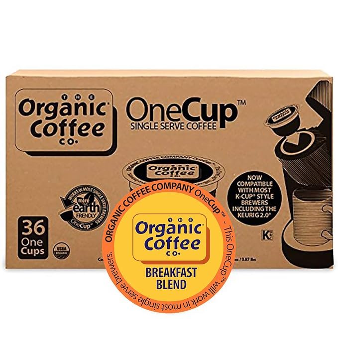 5 The Organic Coffee Co. Compostable Coffee Pods - Breakfast Blend (36 Ct) K Cup Compatible including Keurig 2.0, Medium Roast, USDA Organic