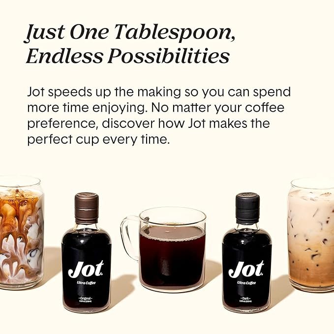 5 Revamp: Introducing Jot Dark - Organic Coffee Extract. 150mg Caffeine. Single Spoonful Transforms Into Delicious Iced or Hot Coffee. 14 Satisfying Portions per Bottle. 20x Concentrated Liquid Brew.