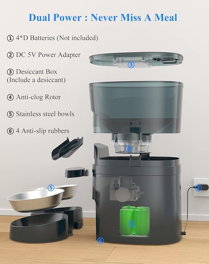 4 HoneyGuaridan Automatic Cat Feeder for 2 Cats 4.5L,Wi-Fi Smart Pet Feeder,Timer Cat Food Dispenser for Cats & Dogs, APP Control,Desiccant, Voice Recorder,Stainless Steel Bowl 1-6 Meals a Day (Blue)