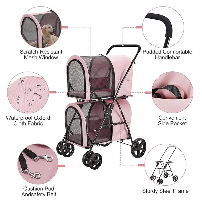2 LPOTIUS Double Pet Stroller for Dogs and Cats with 2 Detachable Carrier, Quick-Folding Dog Stroller for Small Medium Dogs Cats, 4 Wheels, Light Pink