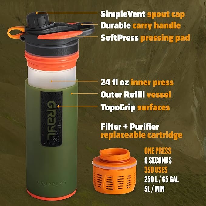 1 GeoPress 24 oz Water Filtration Bottle - for Outdoor Activities and Exploration