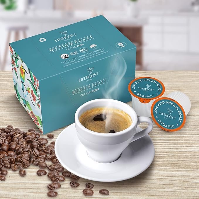 4 Lifeboost Medium Roast Low Acid Coffee K Cups - Single Origin Mold Free Non-GMO Organic Coffee Pods - Compatible with Keurig & Keurig 2 Machines - 10 Count