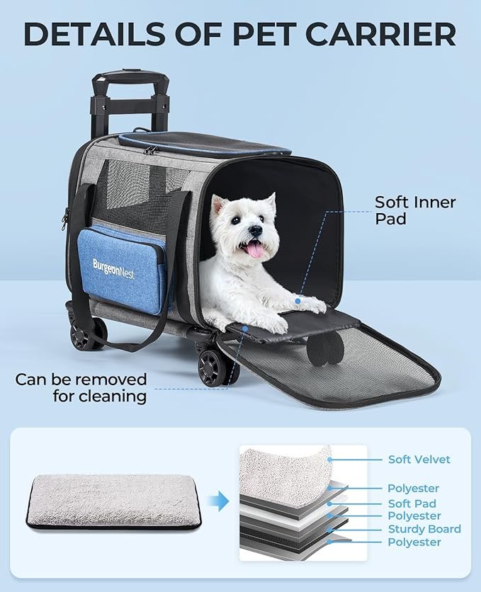 3 BurgeonNest Cat Carrier with Wheels, Pet Carrier for Dogs 25 lbs with Telescopic Handle, Small Dog Carrier with Wheels Removable, Soft Rolling Cat Carrier with Large Pocket for Travel Vet Visits