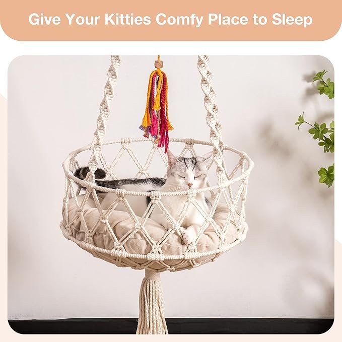 3 MEWOOFUN Hanging Macrame Cat Hammock Bed, Cat Swing Bed Space Saving Window Perch with Washed Cotton Mat & Funny Cat Toy for Indoor Cats