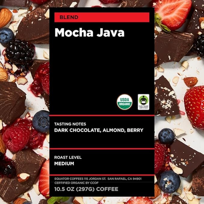 2 Equator Coffees, Mocha Java Blend, Organic Ground Coffee, Medium Dark Roast, Fresh Roasted, Dark Chocolate & Berry Flavor Notes, Sustainable and Fair Trade Certified, 10.5 oz Bag
