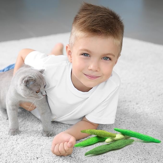 1 Glaciart One Green Beans Cat Toy – 5 Pcs | Soft Fuzzy Enrichment 100% Natural Wool Toy - Interactive Catnip Play Cat Toy Set - Safe for Pets, Non-AZO Colored Dyes