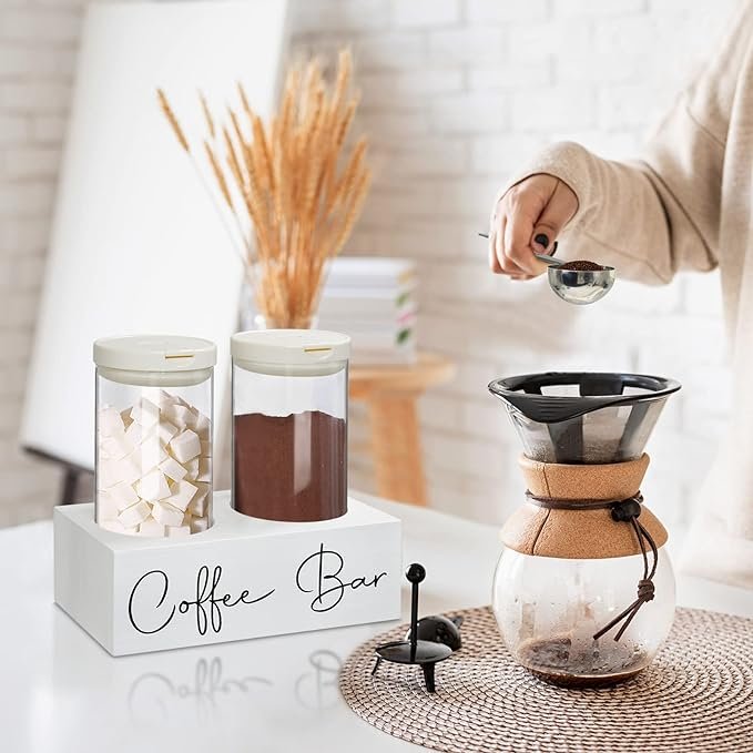 3 Coffee Glass Containers, Coffee Organizer Shelf, Glass Jars with Spoon, Two 48oz Glass Coffee Bean Storage with Airtight Clamp Canister for Coffee Bean, Ground Coffee, Nuts