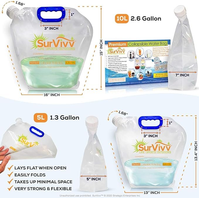 2 SurVivv Premium Collapsible Water Container Bag, No-Leak, Freezable, Odorless, Flat Folding, BPA Free Food Grade Clear Plastic Storage bottle for Sports Outdoors Camping Hiking Backpack 1.3/2.6 Gallon