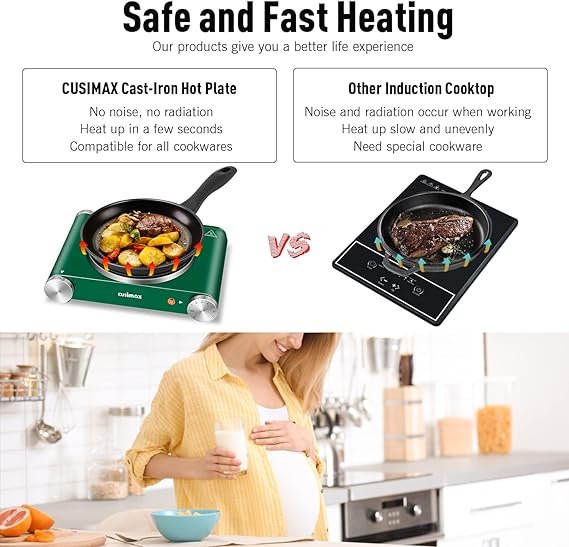 1 Cusimax Hot Plate Electric Burner Single Burner Cast Iron hot plates for cooking Portable Burner with Adjustable Temperature Control Stainless Steel Non-Slip Rubber Feet, Upgraded Version (Cast Iron, Green Single Burner)