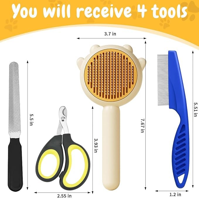 3 Cat Brush with Release Button - Cat Brush for Shedding Cat Brushes for Indoor Cats Self Cleaning Cat Brush for Long Haired Cats Pet Hair Brush Dog Cat Grooming Brush with Cat Comb Nail Clippers File