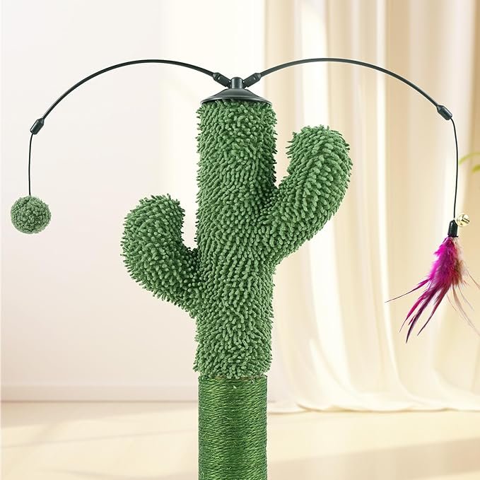 3 23.6" Cat Scratching Post, Cactus Cat Scratcher with Natural Sisal Rope for Indoor Cats, Claw Scratcher Green Cat Tree with Dangling Balls and Feather for Small Cats Kittens