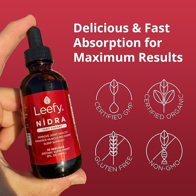 3 Leefy Organics Tart Cherry Supplement Nidra - Fast Absorbing, Non-GMO, Gluten-Free - Promotes Recovery, Joint Support, Pain Relief, Sleep & Circulation for Adults - 2 Oz