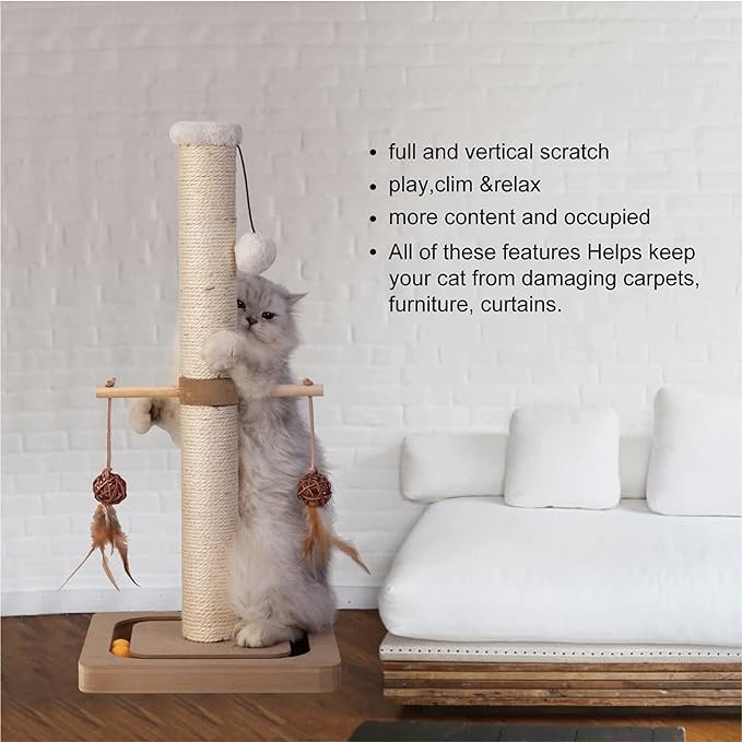 2 Cat Scratching Post Premium Sisal Toll Scratch Posts with Tracking Interactive Toys Vertical Scratcher for Indoor Cats and Kittens- 25 inches Beige
