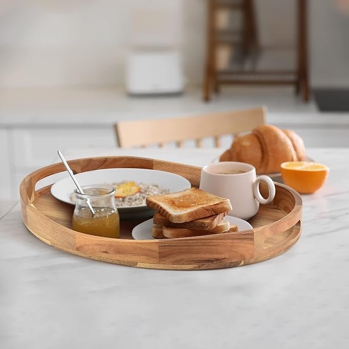 4 KRYOUNG Wooden Serving Tray - Circular Decorative Farmhouse Rustic Tray for Drinks and Food - Round Display Platter with Convenient Handles for Home and Living Space