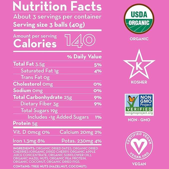 4 Sunny Fruit 100% RAW Fruit & Nut Snacks, Cherry & Hazelnut, 6-Pack (9 Balls Per Bag) | Healthy, Convenient, On-the-Go Energy Balls | ORGANIC, VEGAN, GLUTEN-FREE, KOSHER, NO ADDED SUGAR