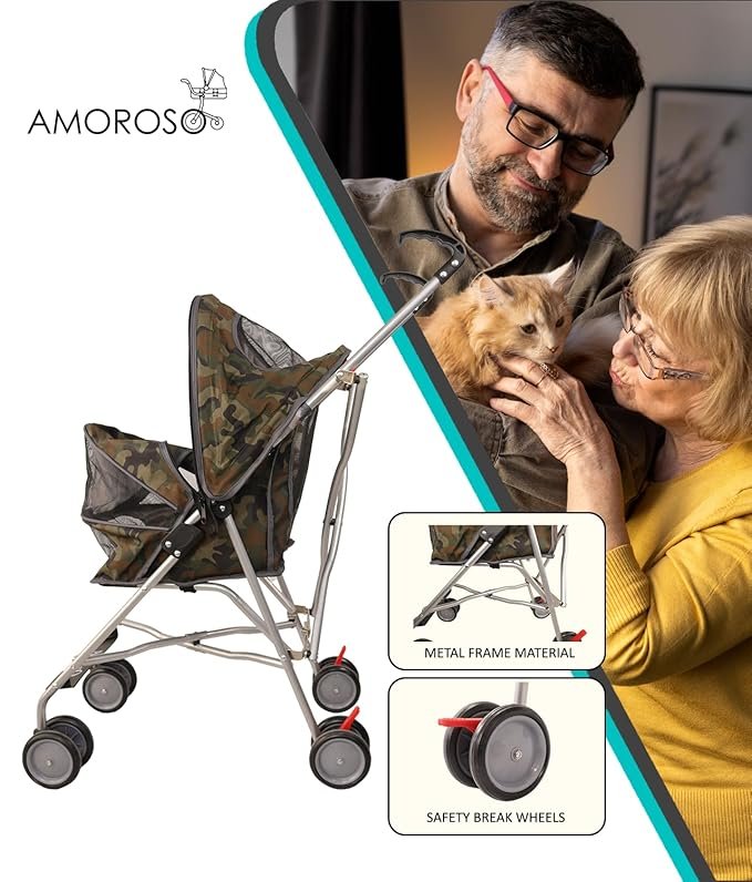 3 AmorosO Pet Stroller | Dog Stroller & Cat Stroller Polyester, Heavy Duty & Folding Pet Stroller for Travel | Mesh Viewing Window | Water-Proof and Stain-Proof | Indoor & Outdoor | Camouflage