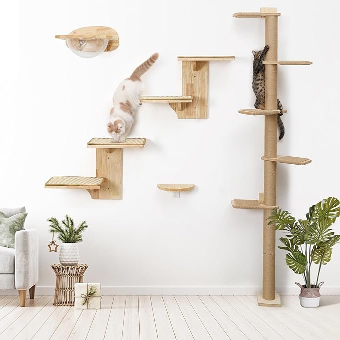 4 FUKUMARU Cat Wall Shelves, 2 Platforms, Tree Shape, Solid Rubber Wood, Sisal Mat, 10x28x18 inches, 10 lbs Capacity, Wall Mounted Cat Furniture for Climbing, Play, Nap