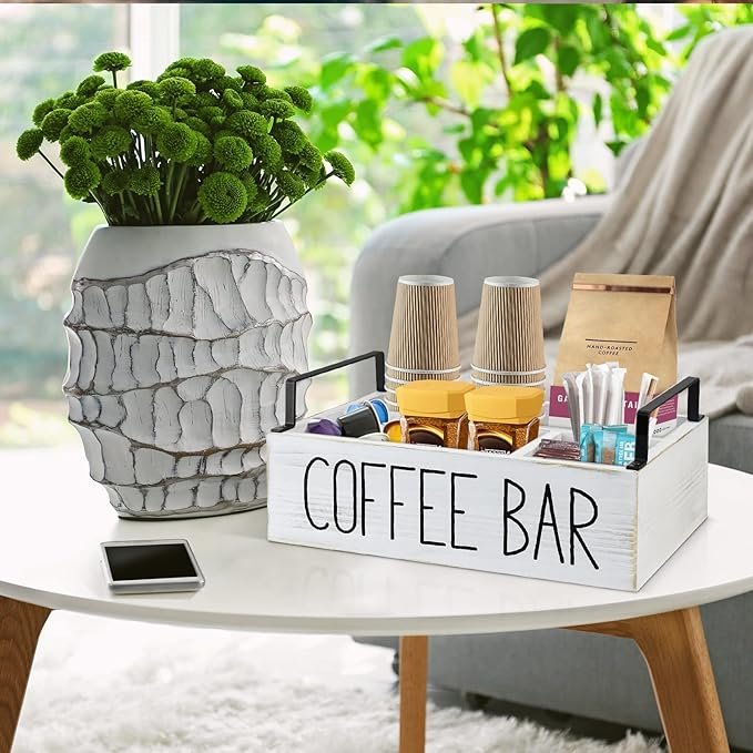 3 Wooden Coffee Bar Storage, Countertop Coffee Accessories Organizer, Rustic Coffee Pod Holder with Handle, White Coffee Bar Decor Organizer