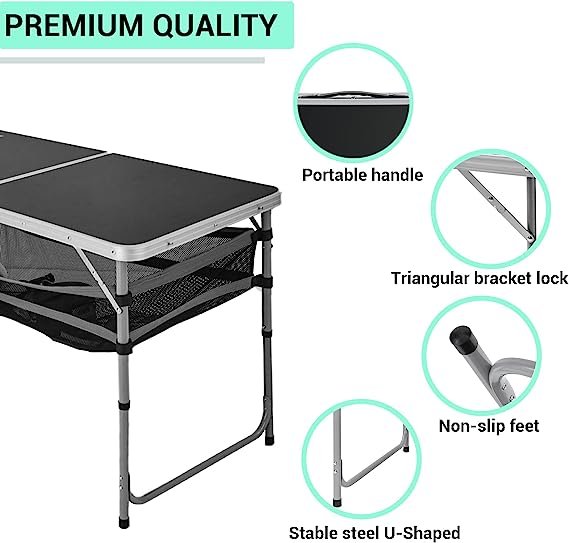 4 FOLDANO Camping Table, 4 FT Height Adjustable Lightweight Desk Table with Portable Handle, Aluminum Camp Table with Mesh Storage for Outdoor Picnic BBQ Backyard Beach, Black
