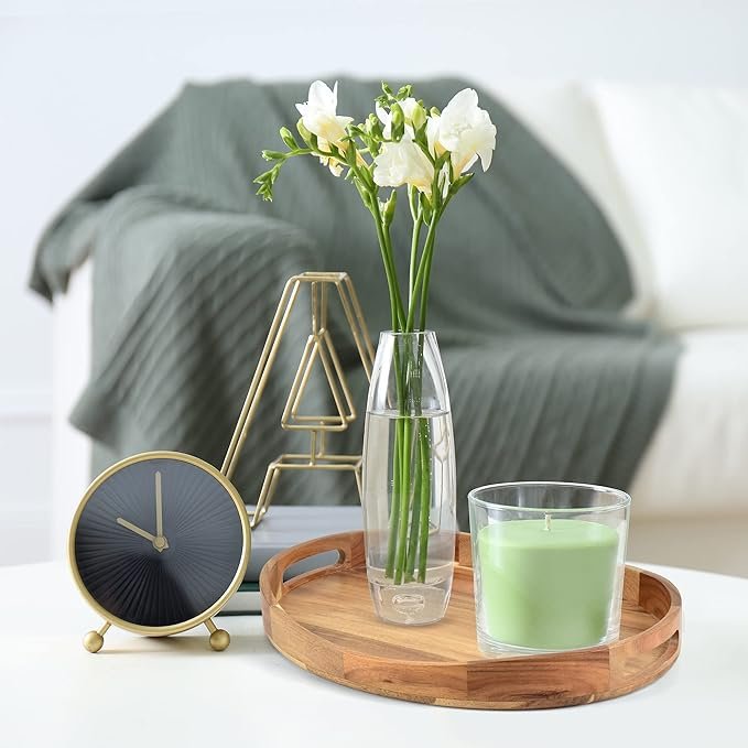 1 KRYOUNG Wooden Serving Tray - Circular Decorative Farmhouse Rustic Tray for Drinks and Food - Round Display Platter with Convenient Handles for Home and Living Space