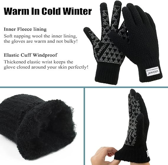 2 ViGrace Winter Warm Touchscreen Gloves for Men and Women Touch Screen Fleece Lined Knit Anti-Slip Wool Glove