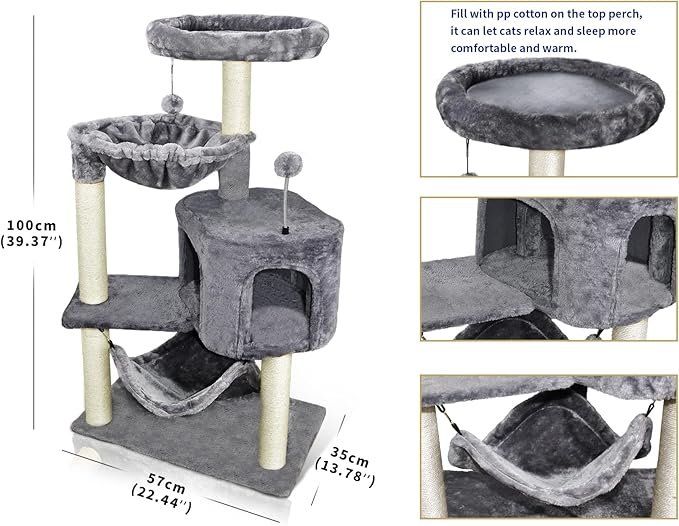 1 Newest Cat Tree with Cat Condo and Big Hammock，Grey