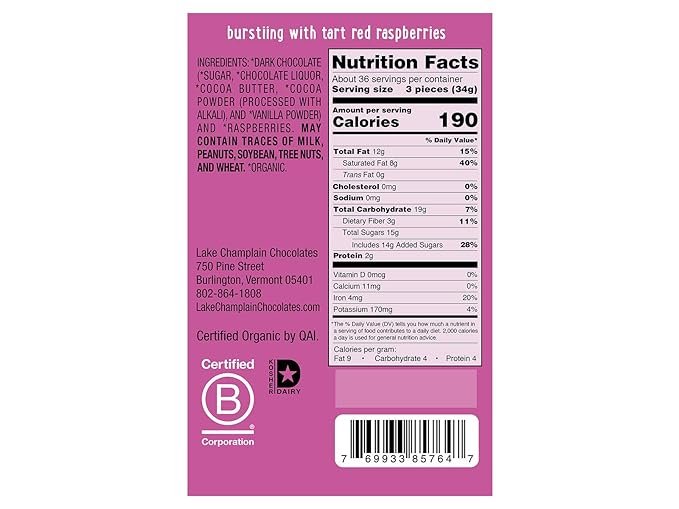 1 Lake Champlain Organic Tart Raspberry Dark Chocolate Squares, 100 Pieces, 2.5 Pounds