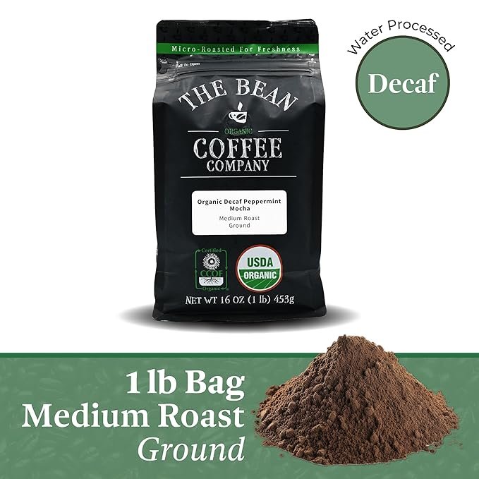 1 The Bean Organic Coffee Company Water Processed DECAF Peppermint Mocha, Medium Roast, Ground Coffee, 16-Ounce Bag, Café Molido Tostado Orgánico descafeinado