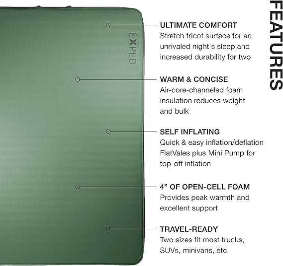 1 Exped MegaMat 10 Duo | Self-Inflating Camping Mat for Two | Extremely Comfortable & Luxurious Sleeping Pad, Green, Long Wide Plus