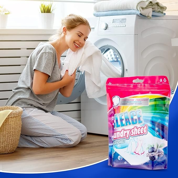 4 CLEACE Laundry Detergent Sheets Travel Packets (62 Loads, Blueberry Scent, Individual Packages, 31 Sheets) Biodegradable Liquidless Washing Strips - Easy to Carry and Use for Travel, Camping, Dorms, Hotel, Home
