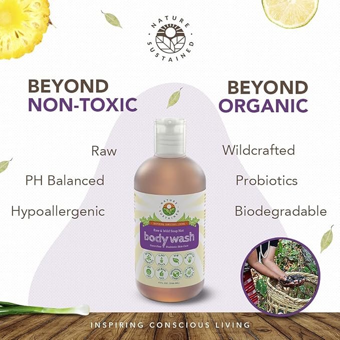 2 Organic Body Wash & Face Wash – Raw & Wildcrafted with Probiotics, Soapberry Formula for Eczema & Psoriasis - Wild Plants Selected for Sensitive & Dry Skin, 9oz, Original