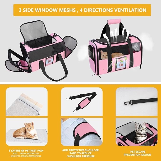 3 Seclato Cat Carrier, Dog Carrier, Pet Carrier Airline Approved for Cat, Small Dogs, Kitten, Cat Carriers for Small Medium Cats Under 15lb, Collapsible Soft Sided TSA Approved Cat Travel Carrier, Pink