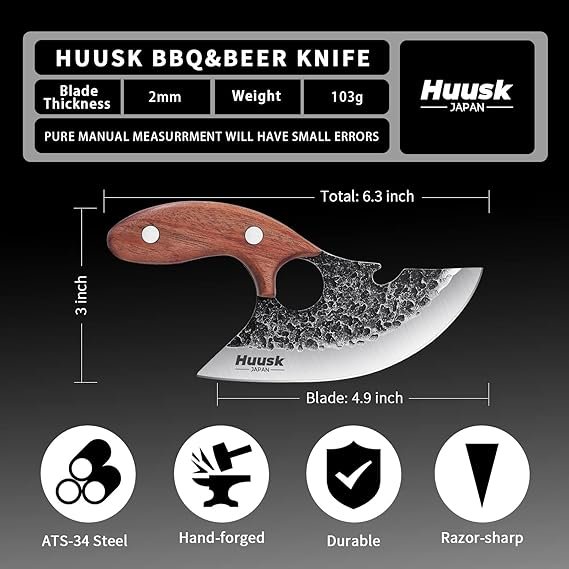 1 Huusk Knives, Viking Boning Knife for Meat Cutting, Small Ulu knife, Caveman Ultimo Knife Hand Forged Full Tang Knife for Kitchen or Camping Thanksgiving Gifts