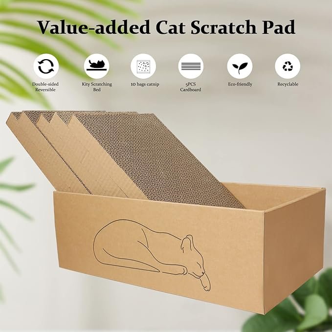 1 5 Packs in 1 Cat Scratch Pad with Box for Indoor Cats, Larger-Sized Durable Recyclable and Reversible Cardboard Cat Scratching Pad for Rest and Play