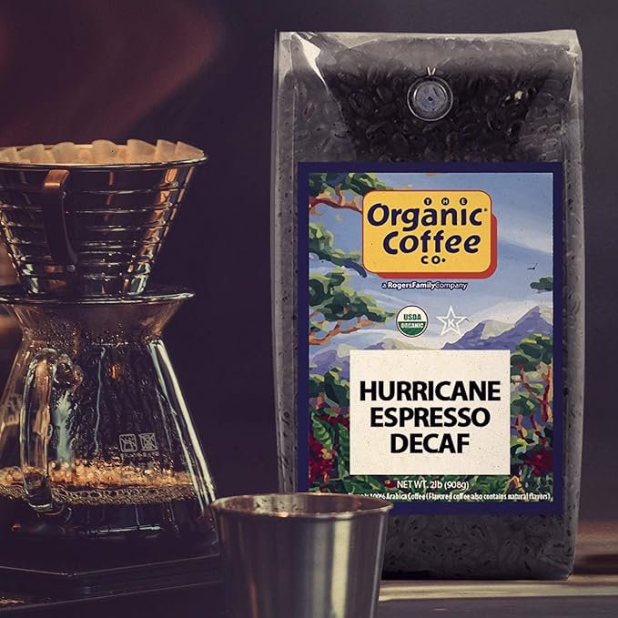 3 The Organic Coffee Co. Whole Bean Coffee - DECAF Hurricane Espresso Roast (2lb Bag), Medium Dark Roast, Swiss Water Processed, USDA Organic