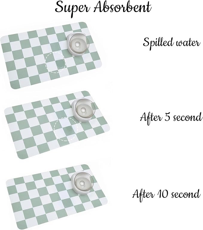 3 Ralxion Checkered Dog Feeding Mat, Absorbent Mats for Dog Food and Water Bowl, Dispenser, Retro Modern Aesthetic Sage Green Checkerboard Pet Placemat for Dogs, Cats, Puppy Accessories, 12" X19”