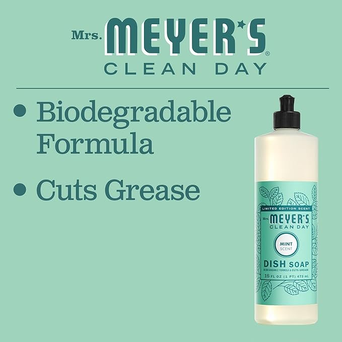 3 MRS. MEYER'S CLEAN DAY Liquid Dish Soap, Mint Scent 16 Fl Oz (Pack of 3)