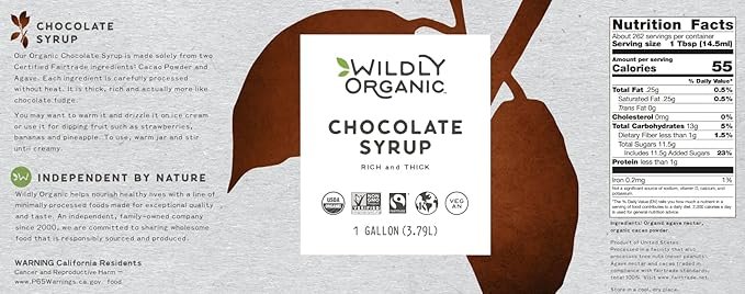 1 Wildly Organic Chocolate Syrup 128 Fl Oz, 1 Gallon - Organic, Dairy-Free, Fair Trade, Non-GMO, Kosher, Vegan, Premium Rich Chocolate Flavor | Perfect for Ice Cream, Baking, Coffee, Chocolate, Mocha, & Hot Cocoa | 2 Ingredients: Raw Cacao Powder & Raw Agave - BPA-Free Container