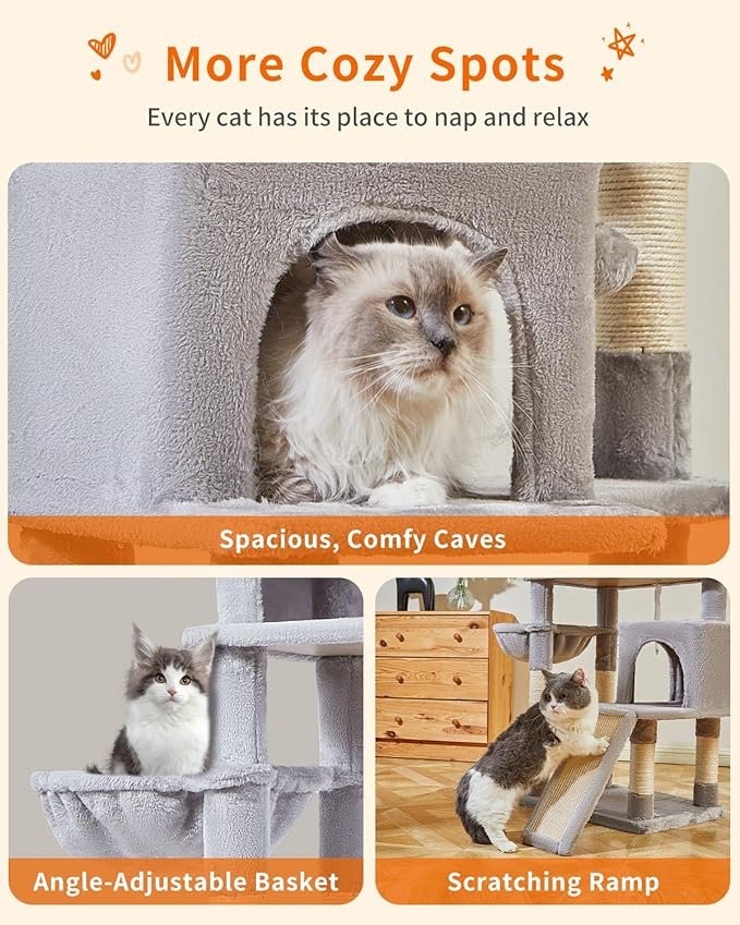 2 56.3-Inch Cat Tree, Cat Tower with Scratching Posts, Cat Tree House for Indoor Cats with hammocks, Toys, Condo and Large Scratch Board, Light Gray MS012W