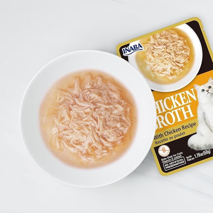1 Inaba Chicken Broth, Shredded Chicken & Broth Side Dish/Topper for Cats with Vitamin E, 1.76 Ounce Pouch, 8 Pouches Total, Chicken Recipe